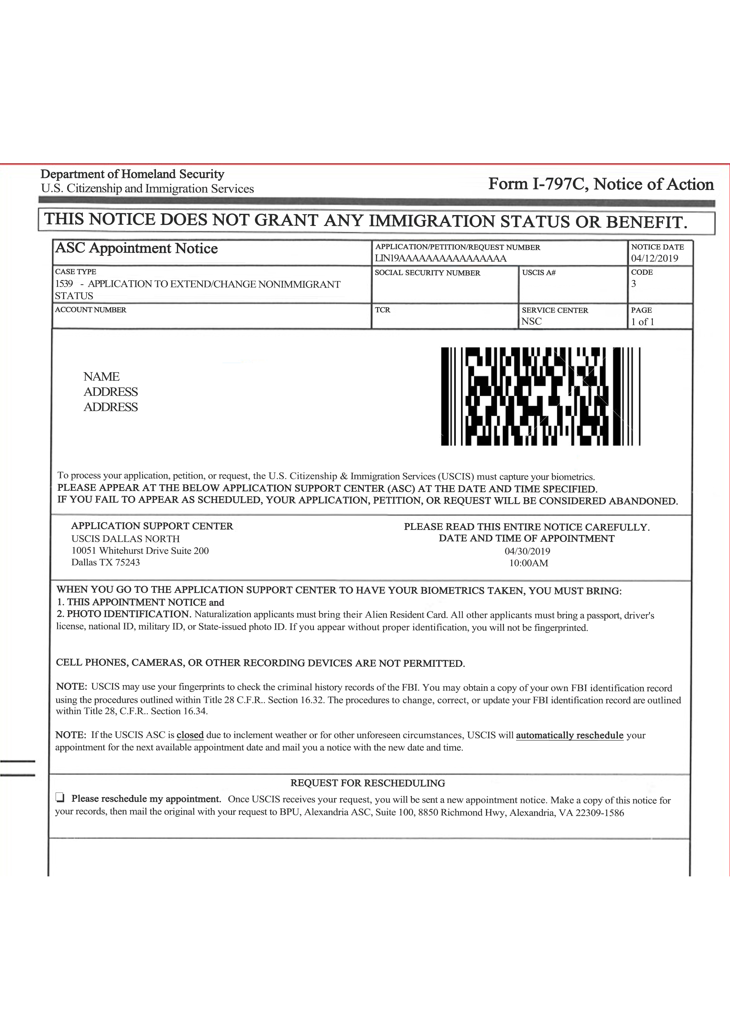 U.S. Citizenship and Immigration services form I 797C, Notice of action